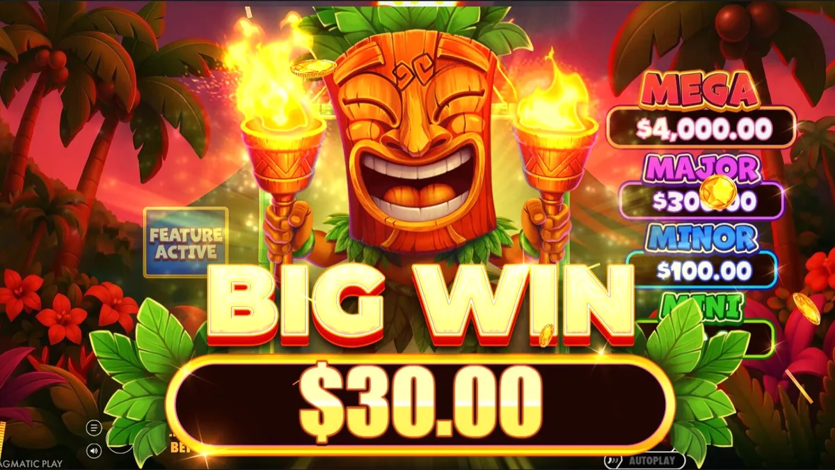 Interface do slot Super Tiki Strike com tema tropical