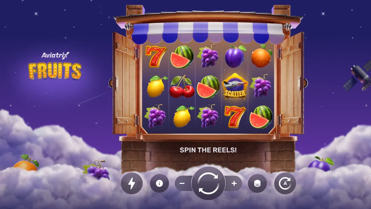 Interface do jogo Aviatrix Fruits mostrando símbolos clássicos e elementos do metaverso